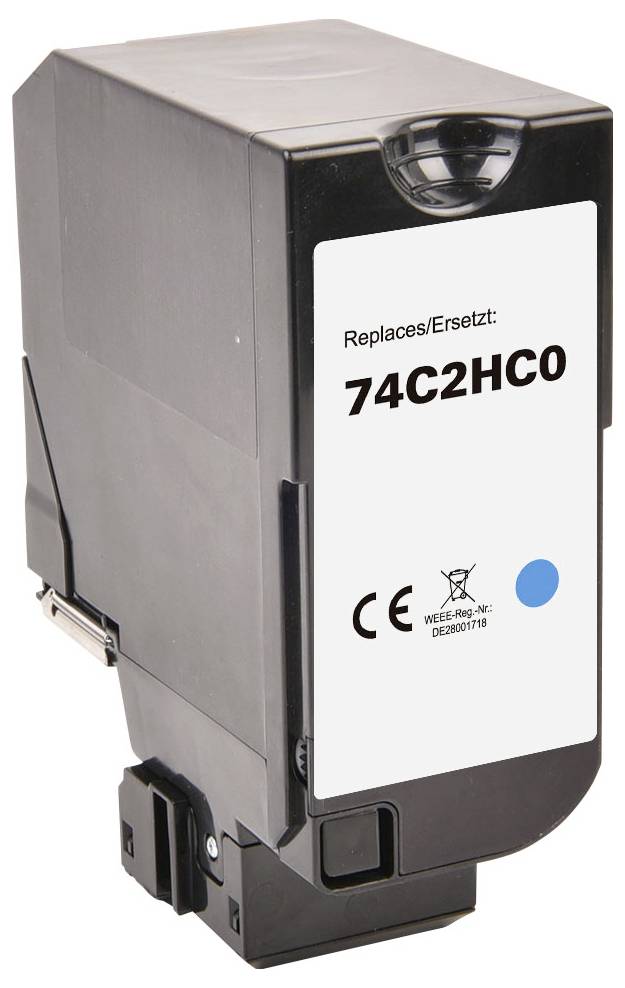 Černý inkoustový patrona označený „Replaces/Ersetzt 74C2HC0" se symboly CE a recyklace