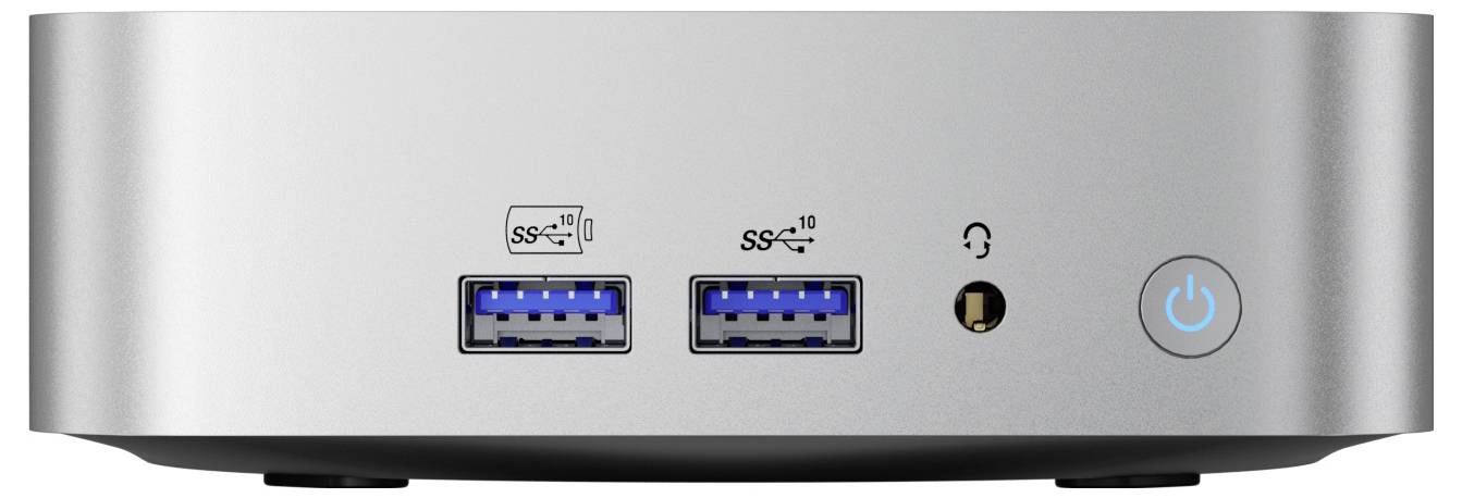 Přední pohled na stříbrný mini PC s dvěma porty USB-A, konektorem pro sluchátka a modrým tlačítkem napájení na pravé straně.