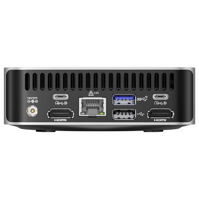 Zadní pohled na mini PC s více porty, včetně napájecího vstupku, USB-C, Ethernet, dvou HDMI portů a USB-A/USB 3.0 konektorů.