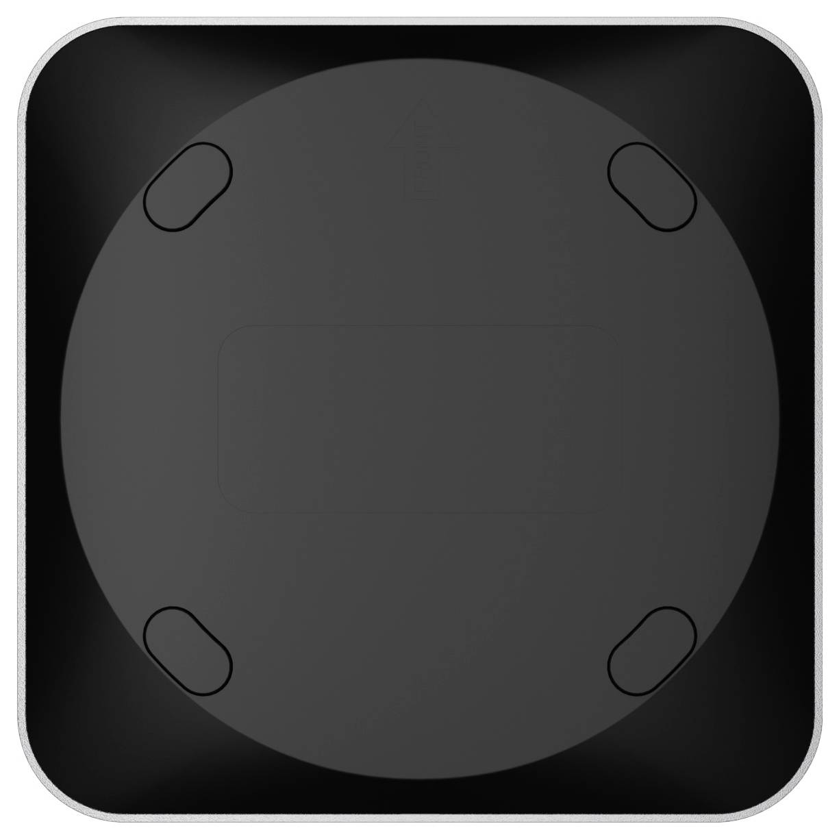 Tmavá zaoblená čtvercová ikona s velkým šedým kruhem a čtyřmi malými oválnými rohy, připomínající minimalistické zařízení nebo ovládací panel.