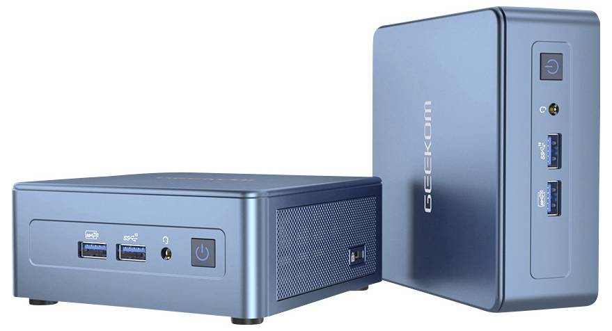 Dva modré mini stolní počítače, jeden horizontální a jeden vzpřímený, ukazující přední porty USB, audio jack a vypínač.