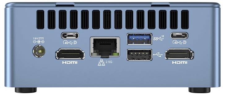 Zadní panel modrého mini PC s více porty: napájení, USB-C, HDMI, Ethernet, dva USB-A a port USB-C.