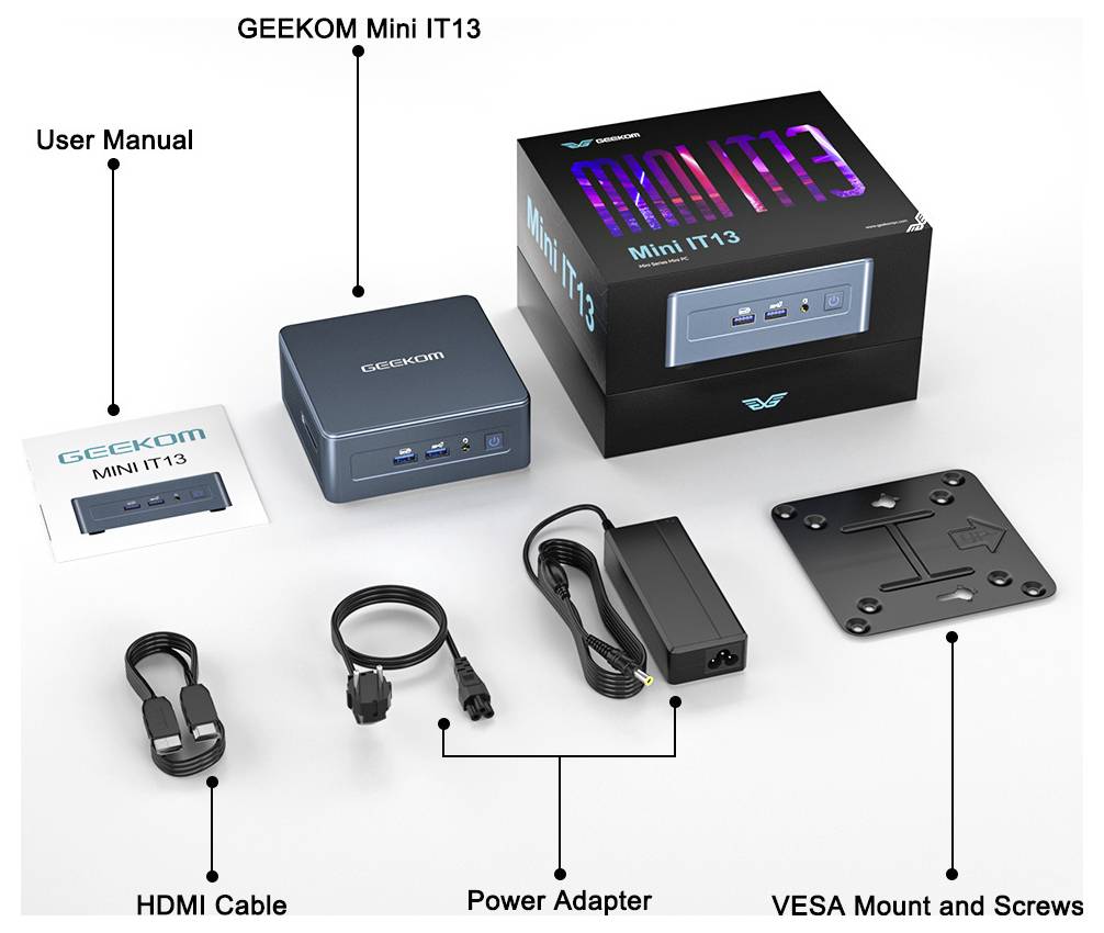 Obsah balení GEEKOM Mini IT13: mini PC, krabice, uživatelská příručka, kabel HDMI, síťový adaptér a VESA držák se šrouby.