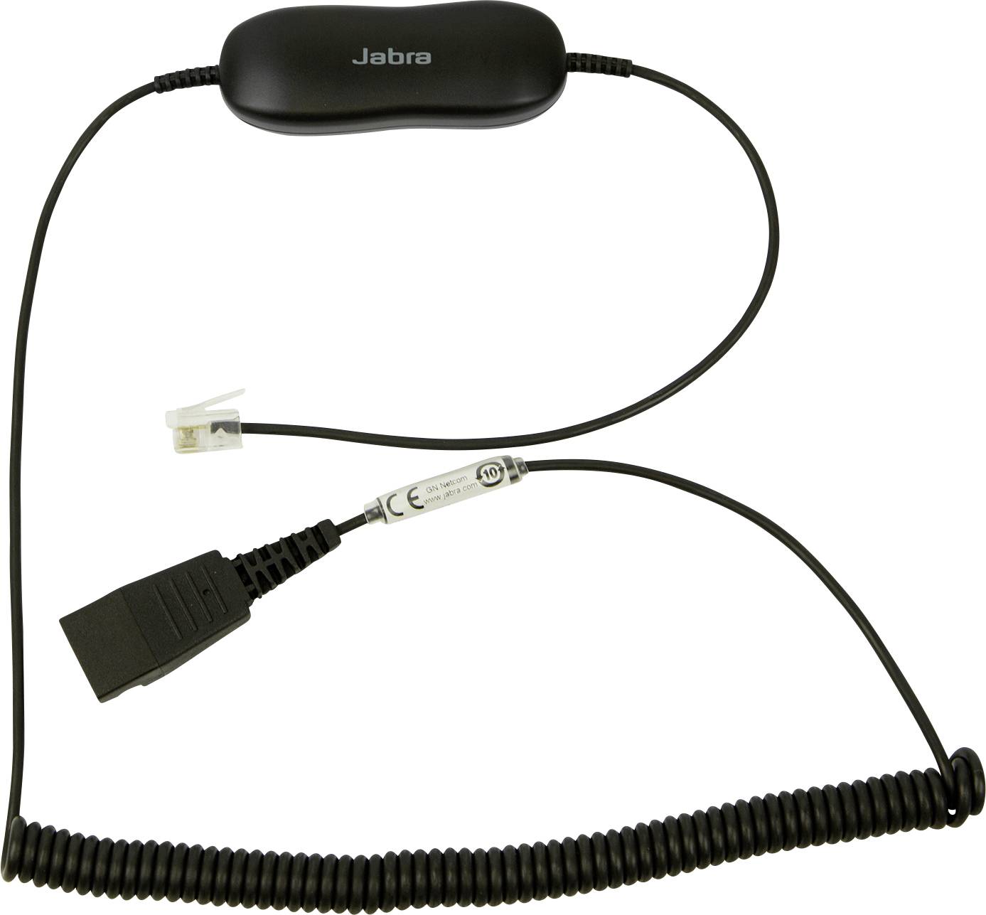 Jabra telefonní příslušenství se spirálovým kabelem a konektory RJ-9 pro připojení telefonního headsets.