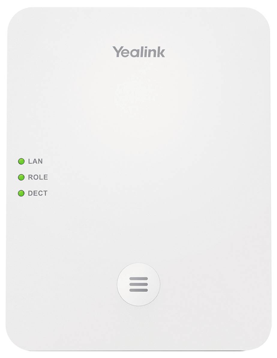 Bílé telekomunikační zařízení Yealink s indikátory "LAN", "ROLE" a "DECT" svítícími zeleným světlem.