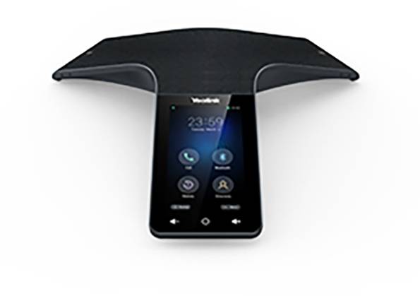 Černý konferenční telefon s dotykovým displejem zobrazujícím ikony "Volat" a "Ztlumit" a digitálními hodinami zobrazujícími "23:59".