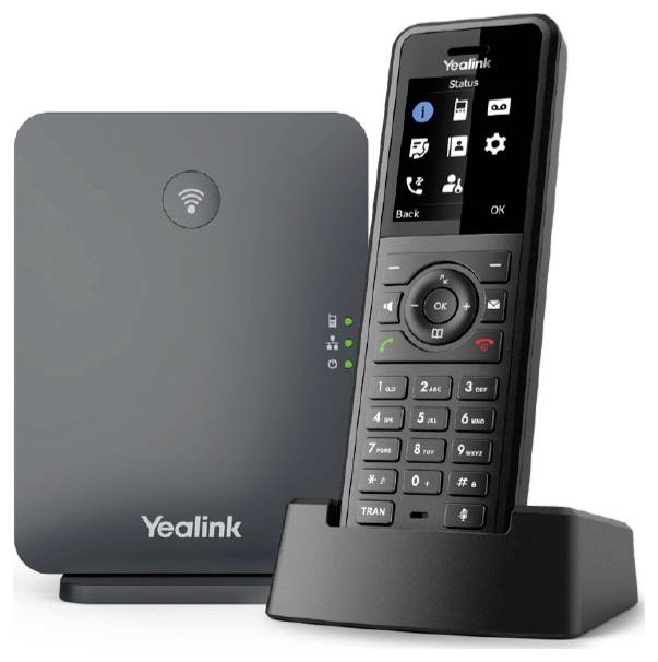 Bezdrátový telefon s nabíjecí základnou vybavenou displejem zobrazujícím různé ikony, vedle základnové stanice s LED indikátory.