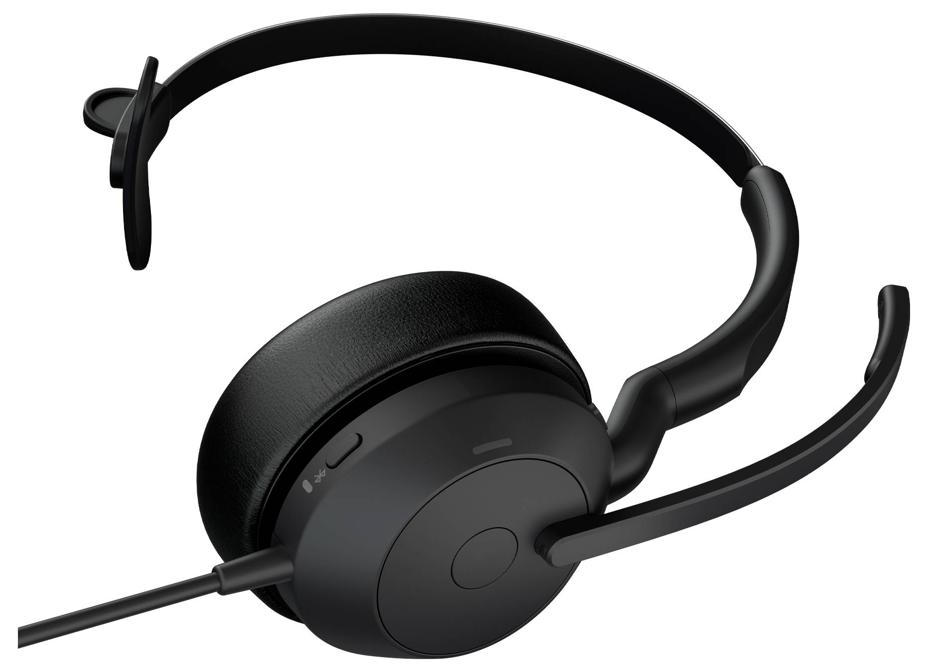 Černá sluchátka přes hlavu s mikrofonem, vybavená polstovaným náušníkem a nastavitelnou čelenkou, určená pro audio komunikaci.
