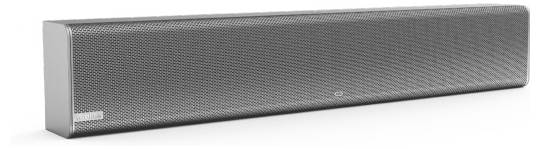 Elegantní, obdélníkový soundbar s kovovou síťovanou krytkou a minimalistickým designem, pravděpodobně určený pro zlepšení zvuku u televizorů.