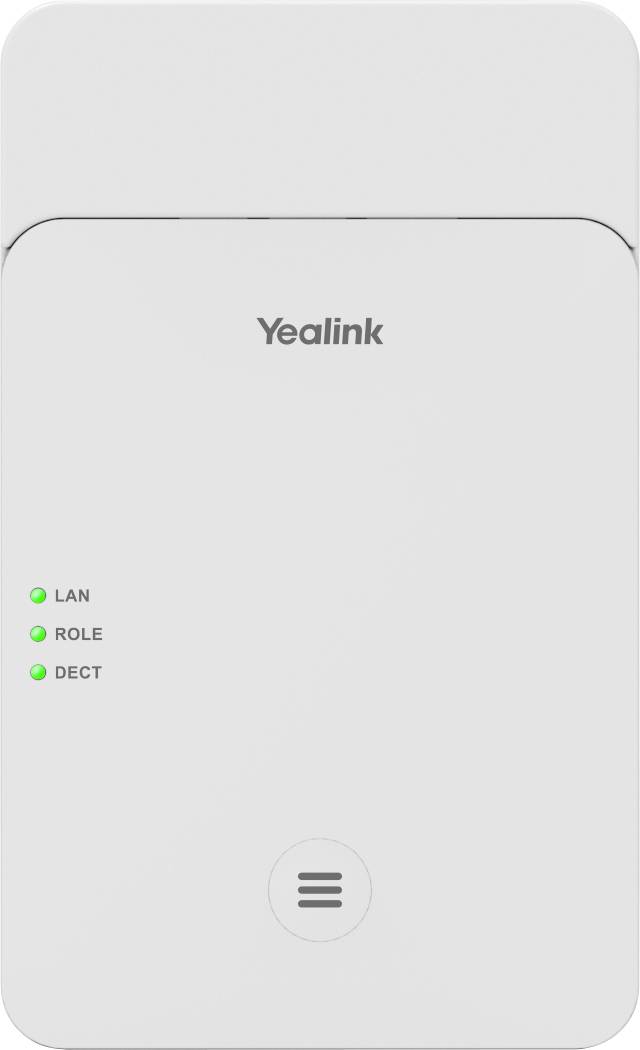 Bílé zařízení Yealink s indikátory pro "LAN", "ROLE" a "DECT", zobrazující stav připojení pomocí rozsvícených zelených světel.