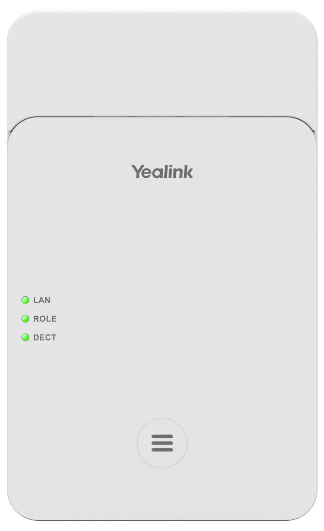 Bílá bezdrátová telefonní základna s třemi zelenými LED indikátory označenými "LAN", "ROLE" a "DECT" a logem "Yealink" v horní části.