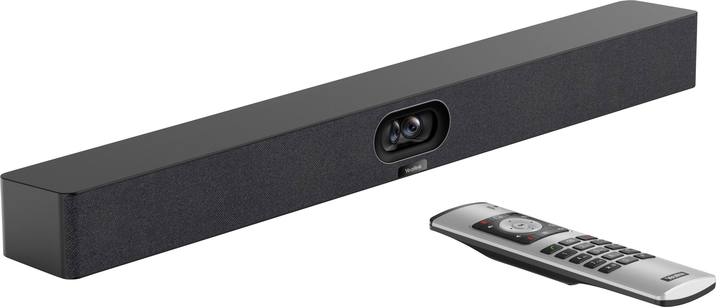 Černý soundbar se centrální čočkou kamery sedí na bílém pozadí vedle stříbrného dálkového ovládání s několika tlačítky.