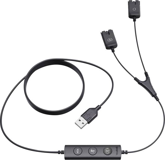 Kabel USB pro nabíjení s vestavěným třítlačítkovým ovladačem a dvěma konektory ve stylu sluchátek na bílém pozadí