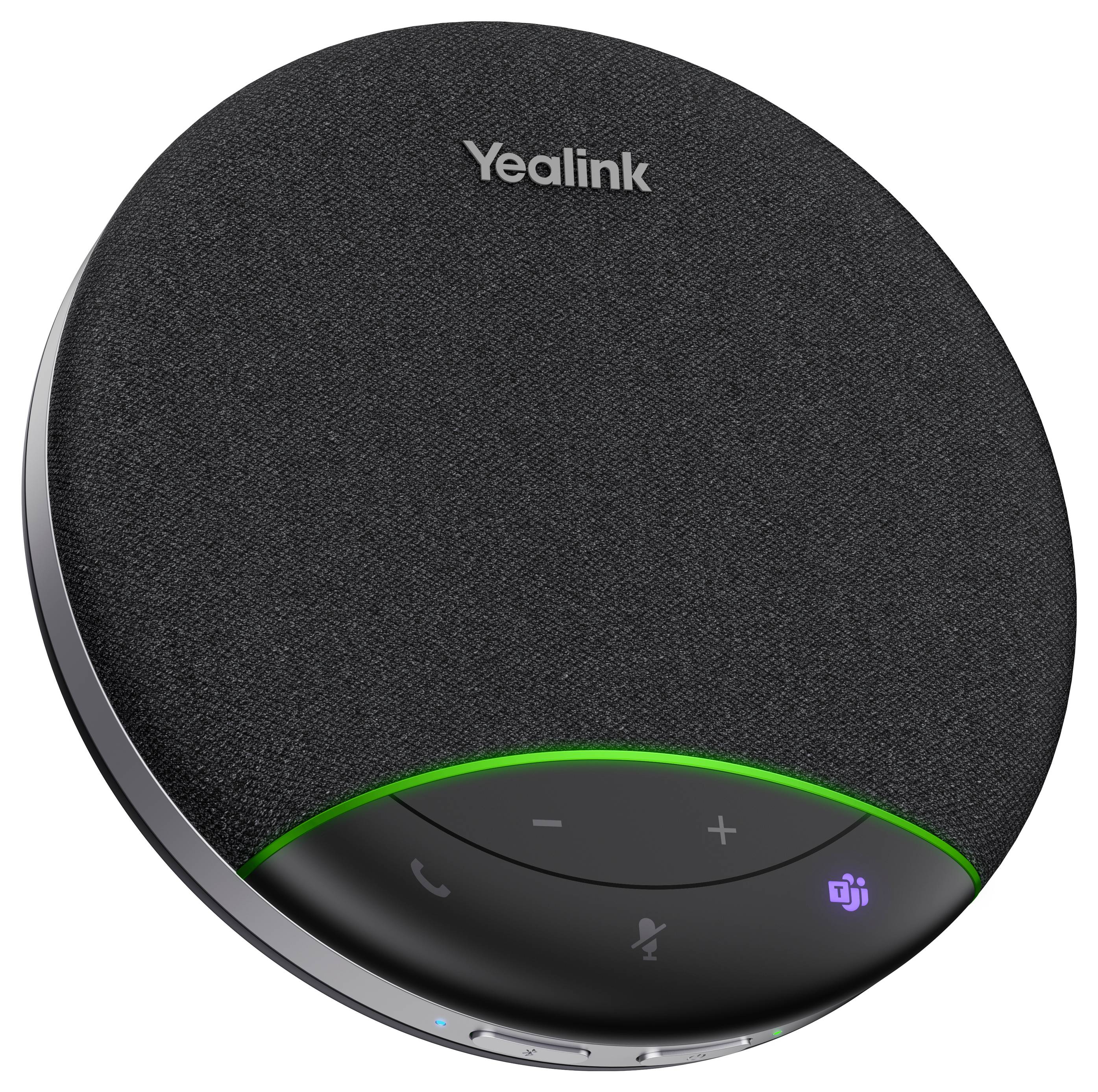 Černý telefonní reproduktor Yealink se zeleným indikátorem a logem Microsoft Teams, určený pro konferenční hovory.