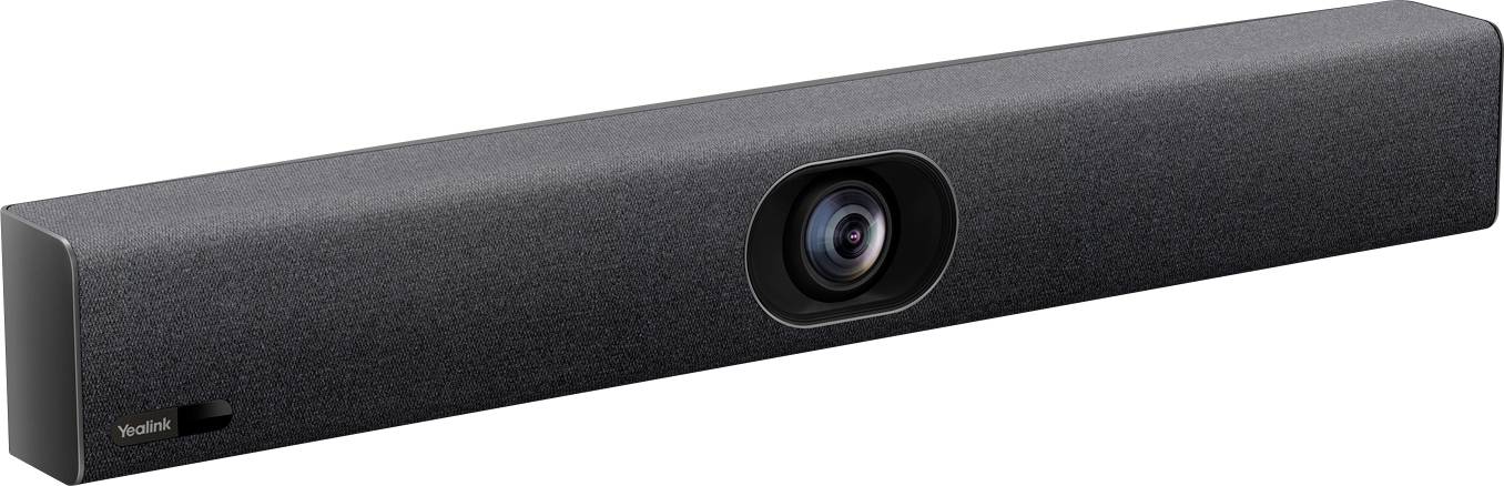 Elegantní černý obdélníkový soundbar se středovým objektivem kamery, vhodný pro videokonferenční zařízení.