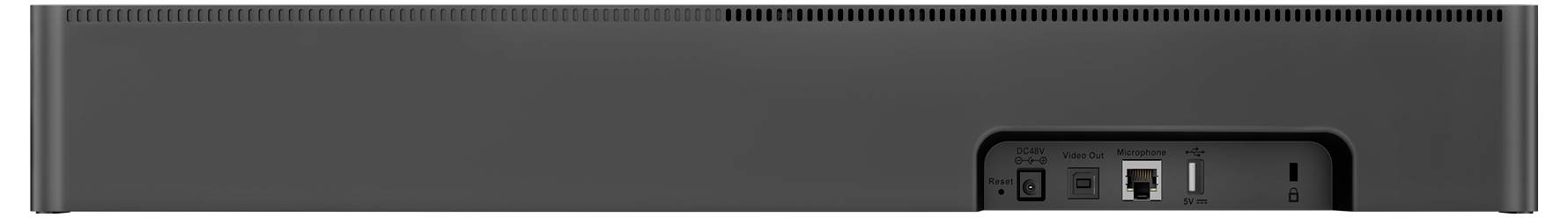 Obrázek ukazuje zadní pohled na obdélníkové elektronické zařízení s různými porty, včetně Ethernetu a USB, umístěnými podél jeho povrchu.