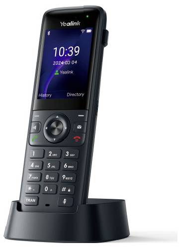 Bezdrátový telefon na nabíjecí stanici s barevným displejem zobrazujícím čas '10:39', datum a možnosti 'Historie' a 'Telefonní seznam'.