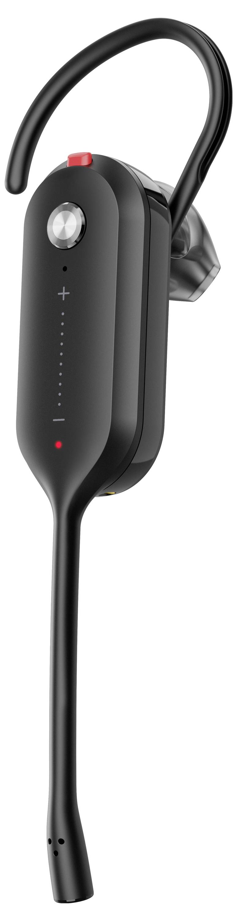 Elegantní černá sada Bluetooth sluchátek s nastavitelným ušním háčkem, tlačítky pro ovládání hlasitosti a dlouhým mikrofonním ramenem pro jasnou hlasovou komunikaci.