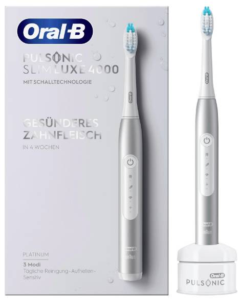 Elektrický zubní kartáček „Oral-B Pulsonic Slim Luxe 4000" se zobrazuje s nabíjecí stanicí a podporuje zdravější dásně za čtyři týdny.