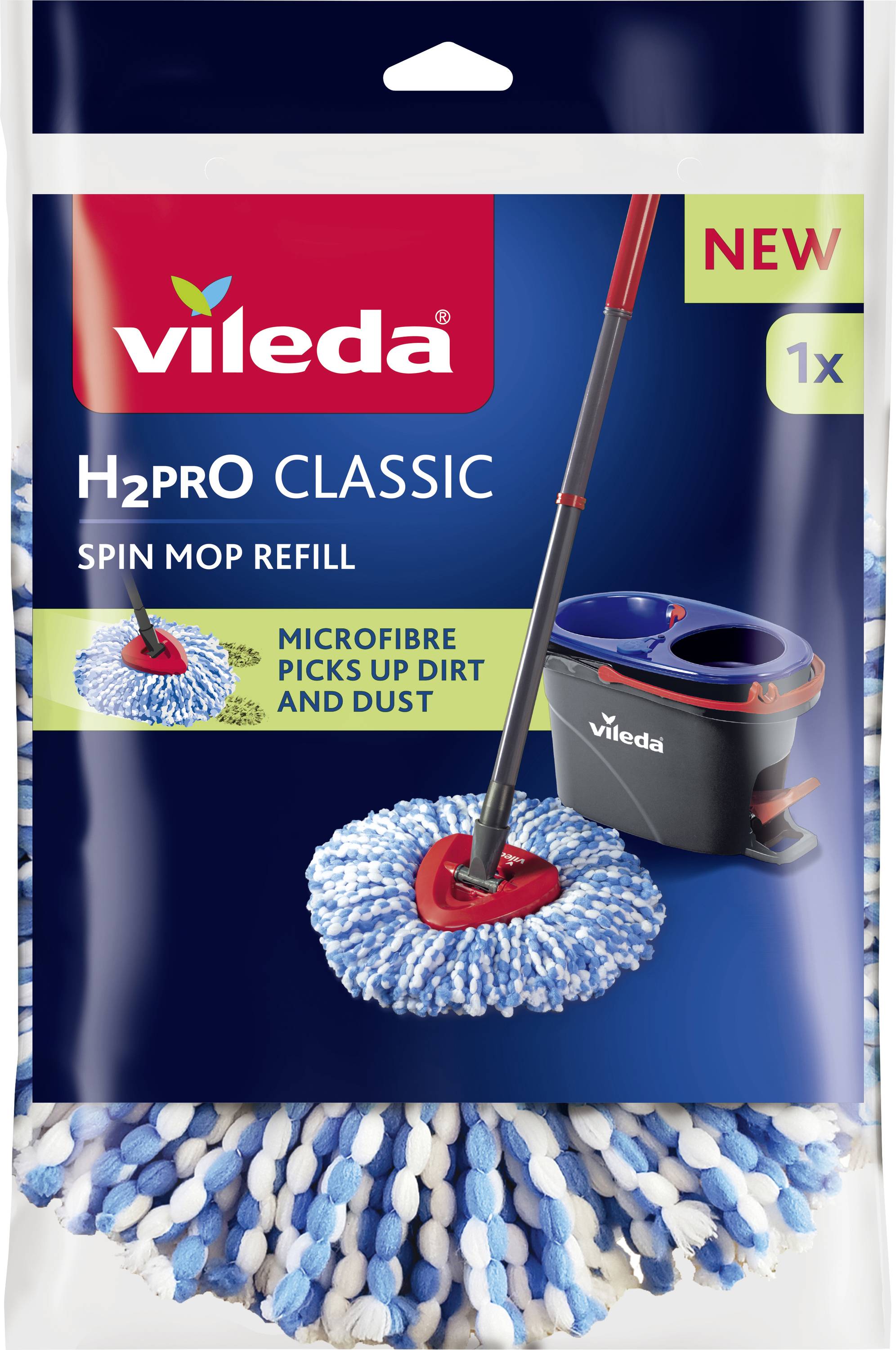 Balení 'Vileda H2Pro Classic Spin Mop Refill' s obrázkem hlavice mopů a kbelíku. Text zdůrazňuje čistění mikrovoláknem.