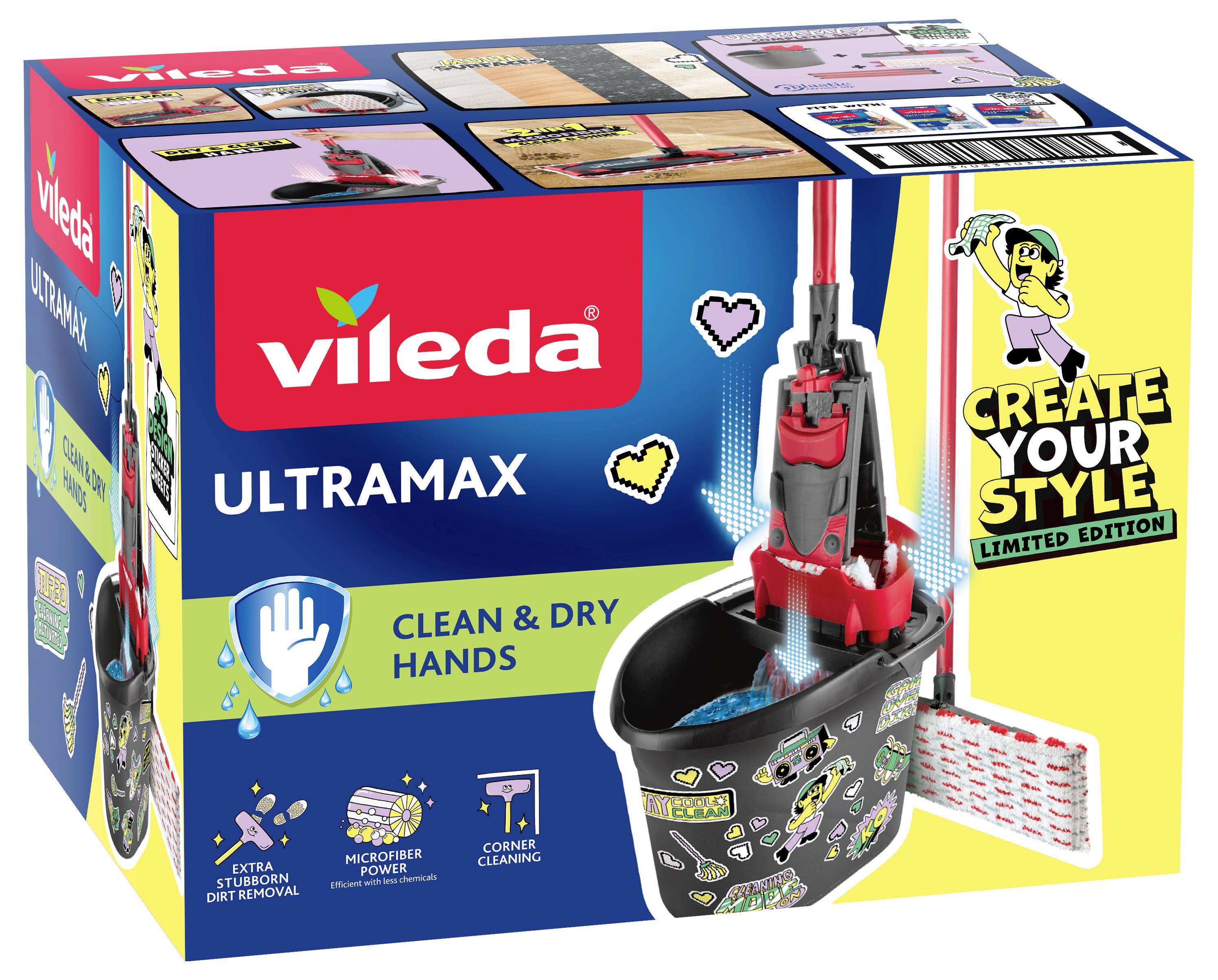 Sada čisticího mopů Vileda Ultramax v krabici, zobrazující červený plochý mop a vědro s brandingem omezené edice "Create your style" a ikonami čisticích funkcí.