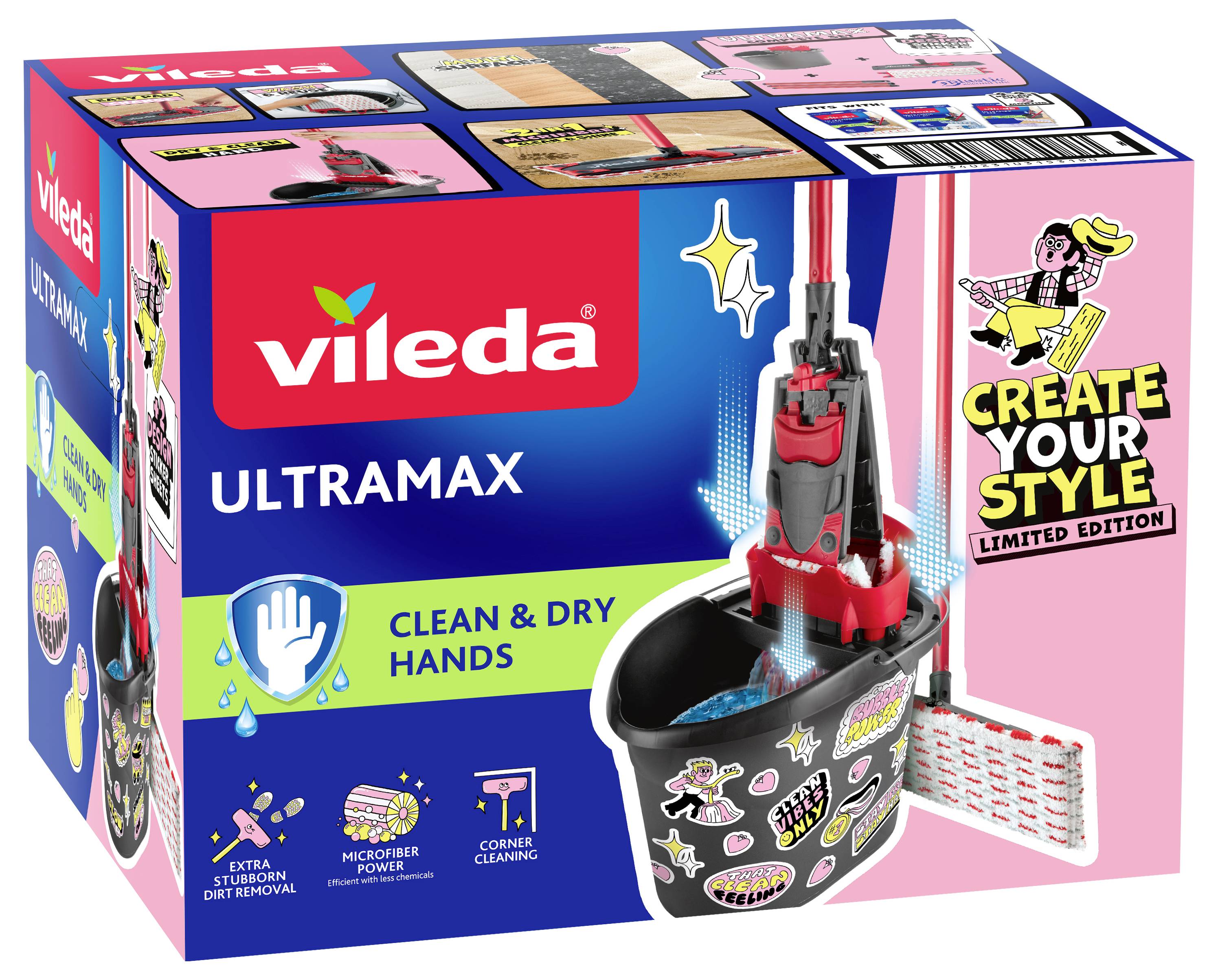 Vileda Ultramax limitovaná edice sady mop a kbelík s brandingem 'Vytvořte svůj styl' a výzvami funkcí 'Čisté a suché ruce'.