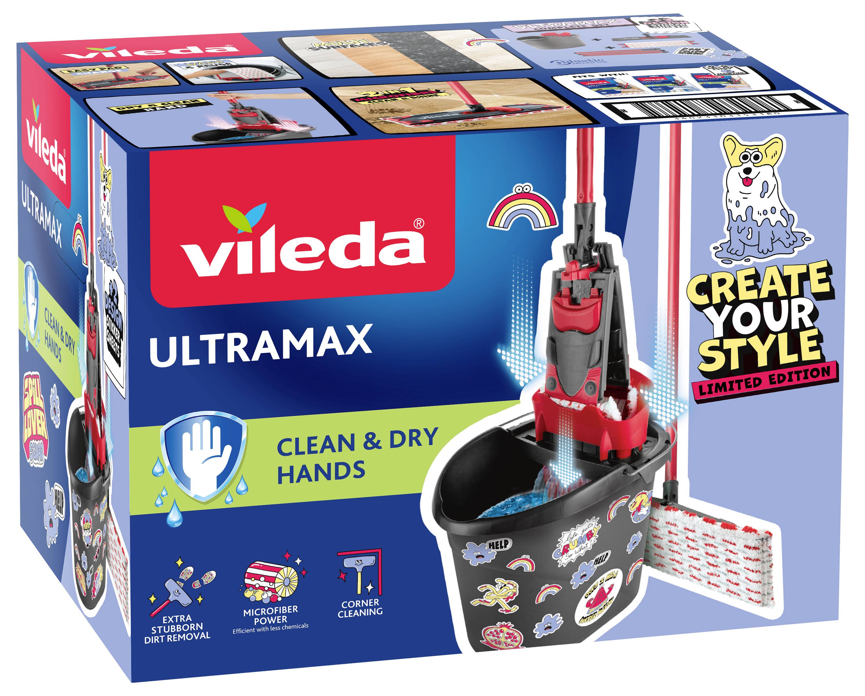 Souprava Vileda Ultramax s mopem a vědrem v krabici, popsaná jako 'Clean & Dry Hands' a 'Create Your Style Limited Edition,' s fotkami produktu a ikonami funkcí.