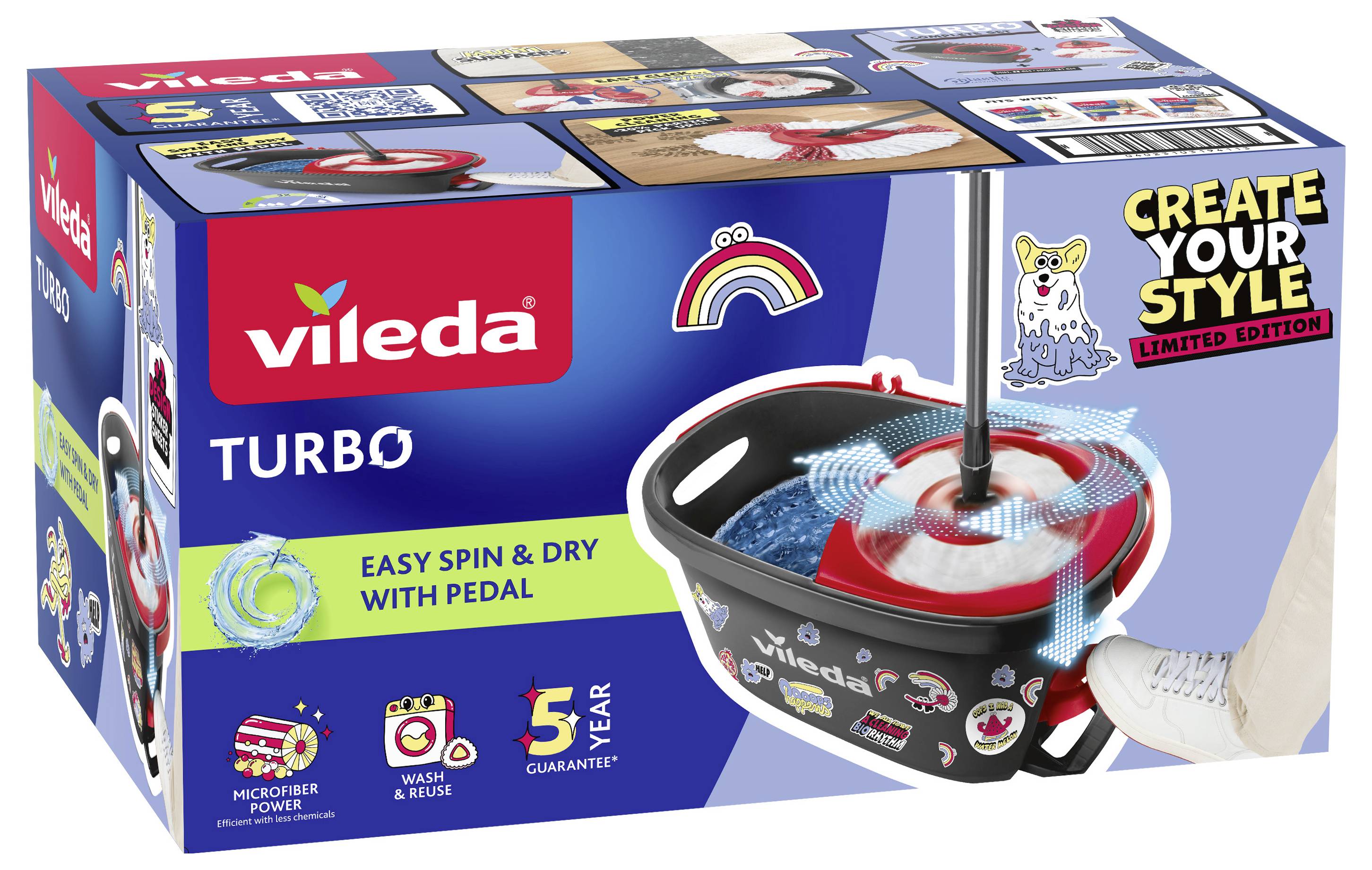 Balení sady Vileda Turbo spin mop a bucket, zobrazující nádobu na mop s nožním pedálem odstředivého ždímače a limitovaným edicí branding 'Create your style'.