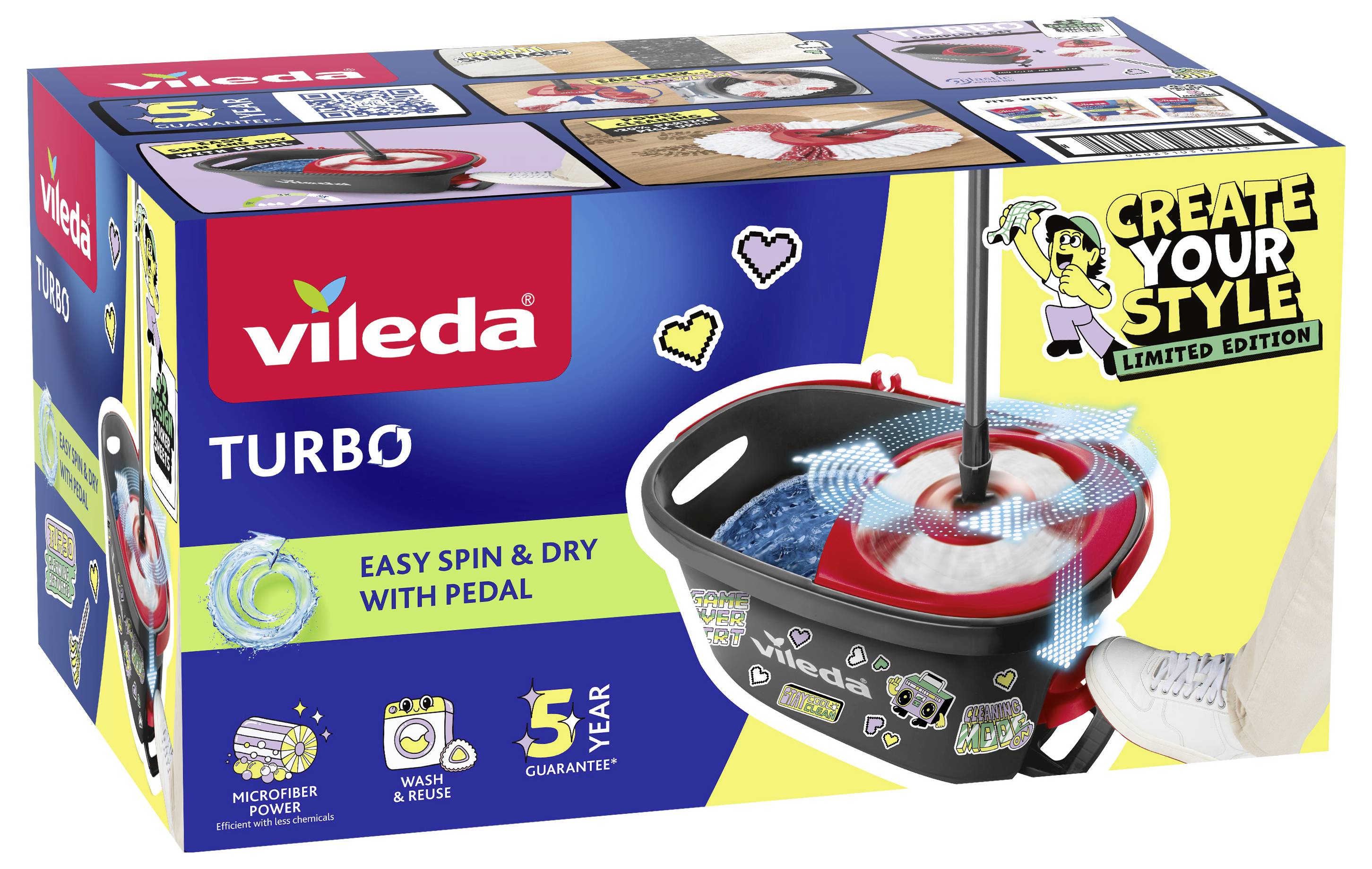 Balící obal sady Vileda Turbo mop a kbelík, označený jako 'Create Your Style' limitovaná edice, zobrazující kbelík se pedálem spin-and-dry a rukojeť mopů.