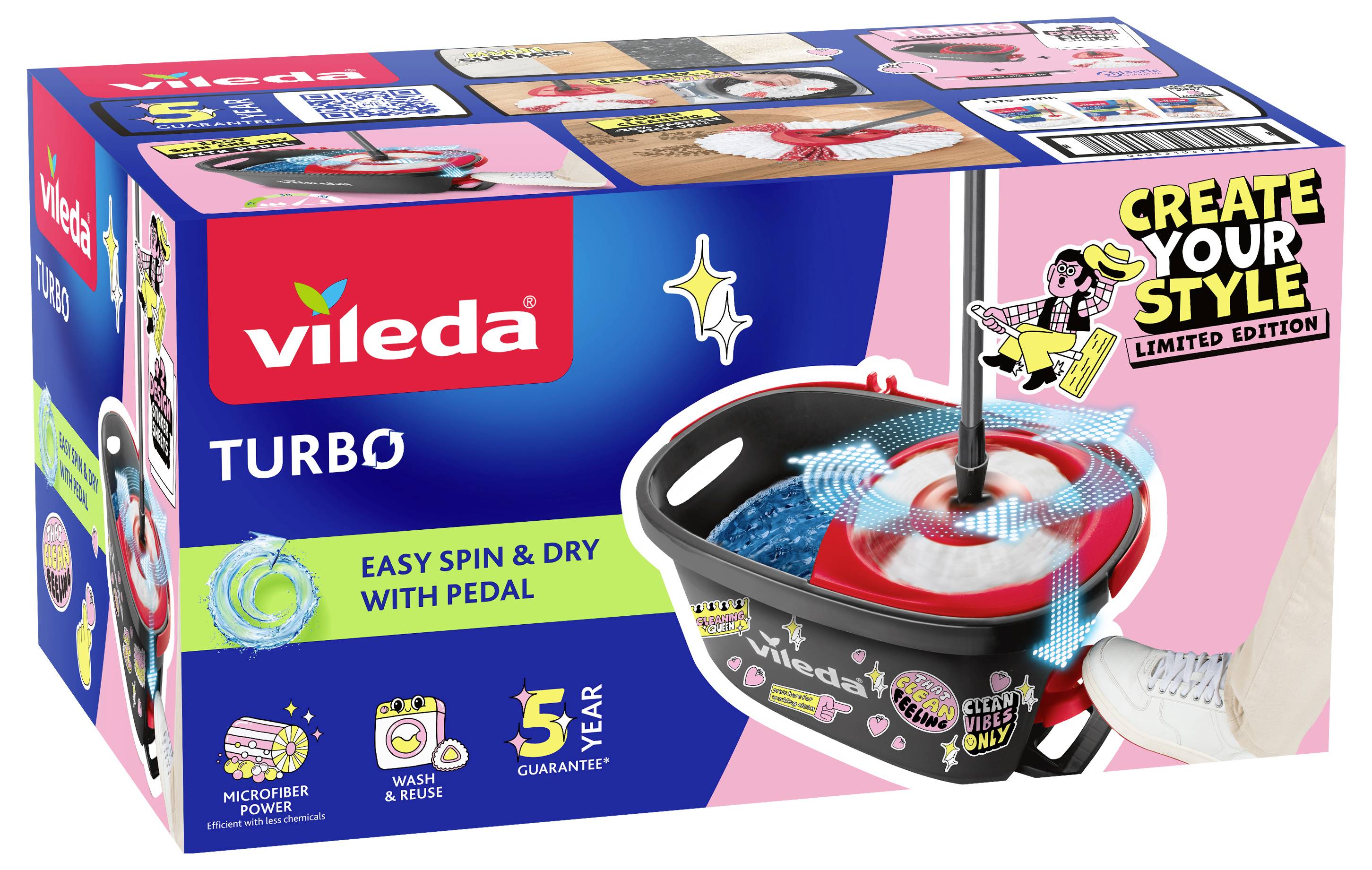 Vileda Turbo Easy Spin & Dry mop a kbelík se pedálem, zobrazeny jako barevný limitovaný balíček "Create Your Style".