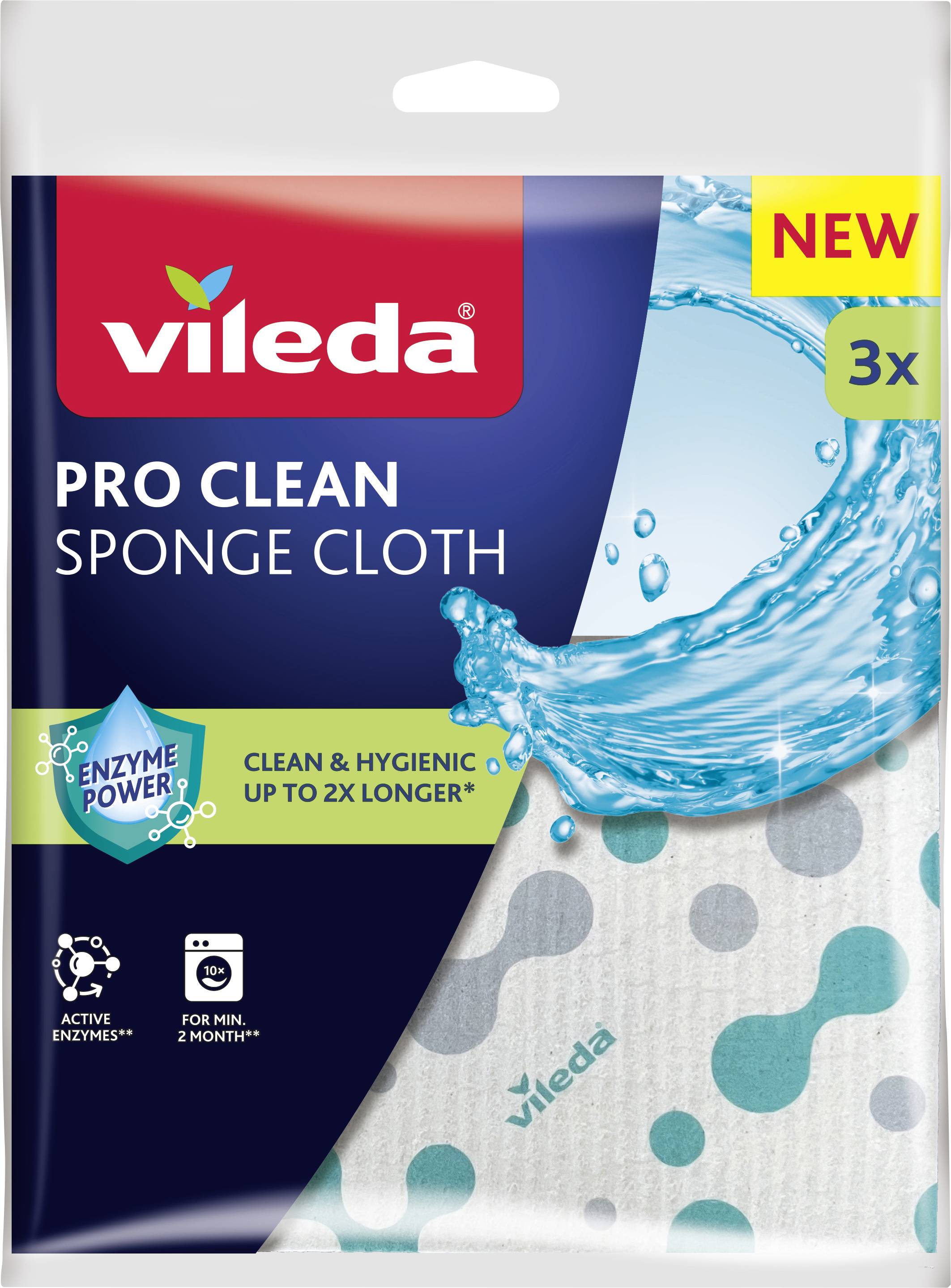Balení „Vileda Pro Clean Sponge Cloth" s enzymatickou silou, navržené tak, aby byly čisté a hygienické až 2x déle, obsahuje 3 utěrky.