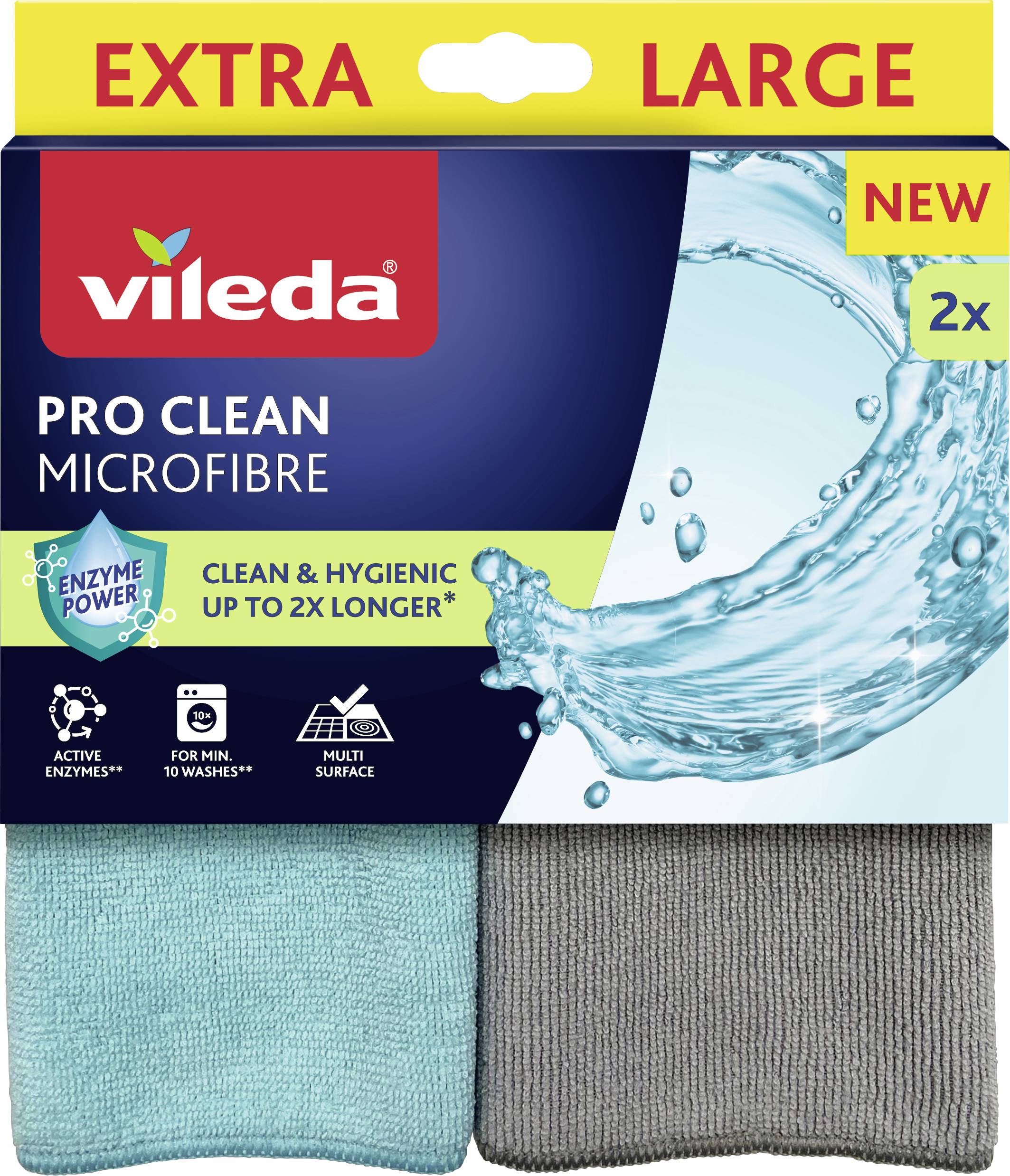 Vileda Pro Clean Mikrovlákenné utěrky v aqua a šedé barvě. Zvýraznění na obalu: 'Extra velké', 'Nové', '2x', 'Enzymatická síla', 'Aktivní enzymy', 'Minimálně na 10 pracích cyklů', 'Víceúčelové', 'Čistota a hygiena až 2x déle'.