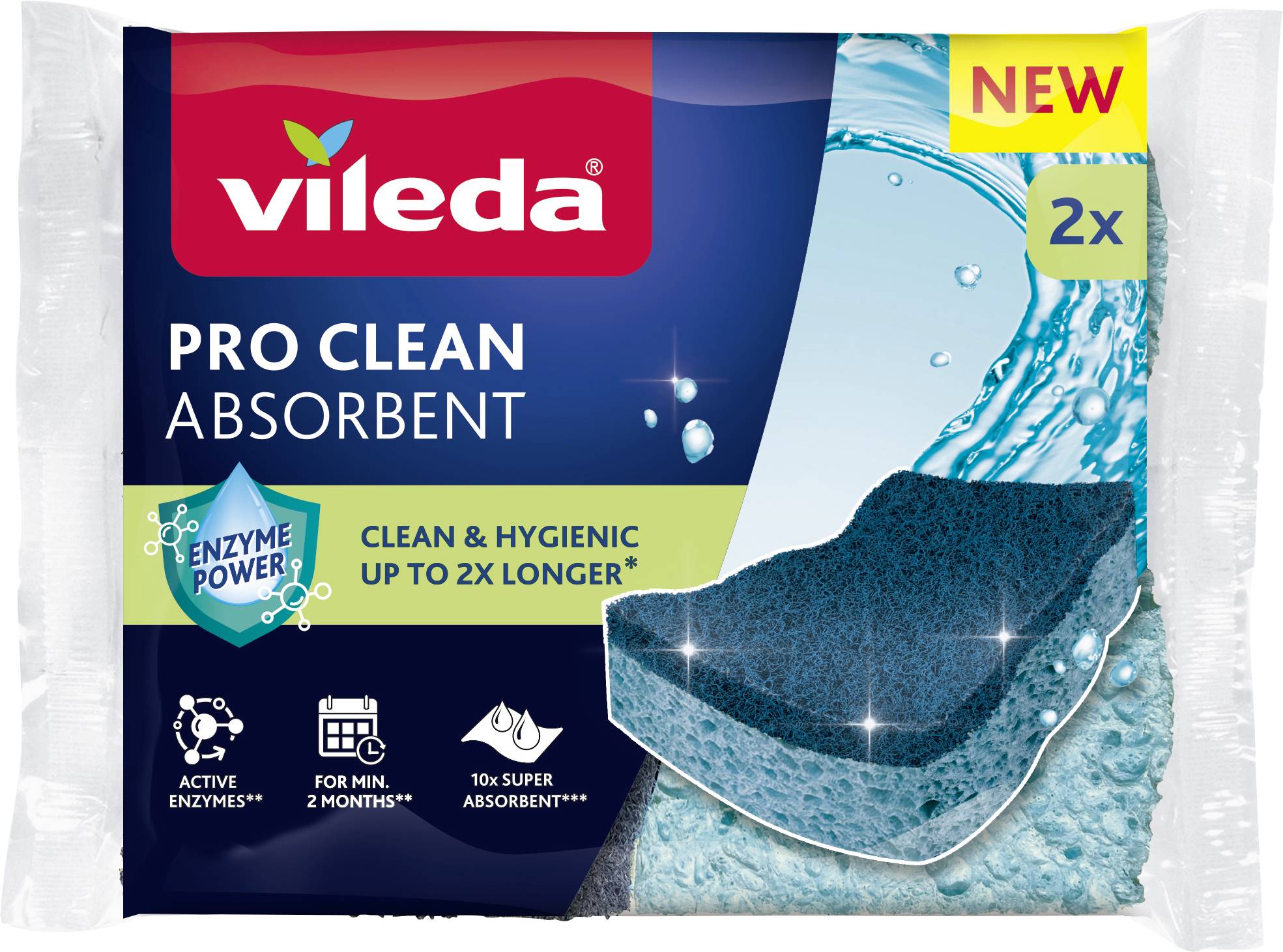Balení „Vileda Pro Clean Absorbent" obsahující dvě houbičky s „Enzyme Power" pro prodlouženou čistotu. Slibuje delší absorbci.