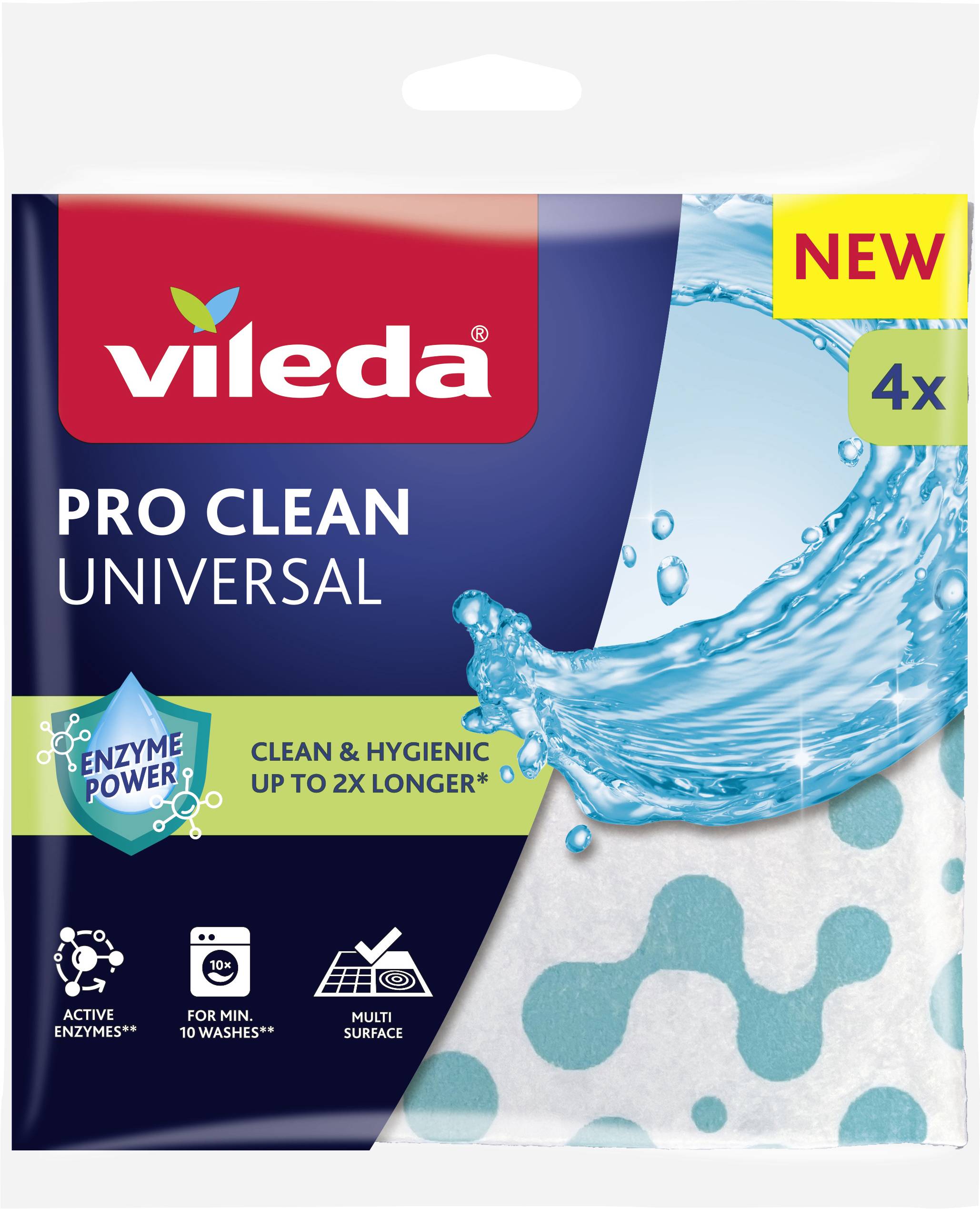 Balení univerzálních čistících utěrek Vileda Pro Clean, které zdůrazňuje enzymatickou sílu, tvrzení o výdrži až 2x delší a vhodnost pro více povrchů.