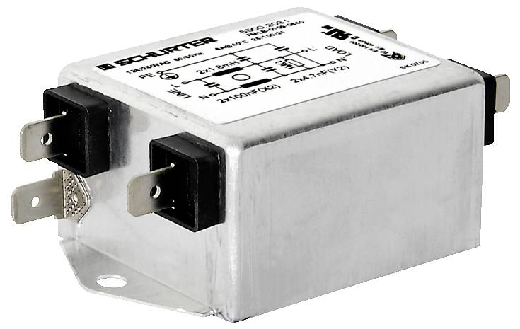 Kovová elektrickavá součástka s více konektory na každé straně, označená elektrickými specifikacemi a značkami výrobce.