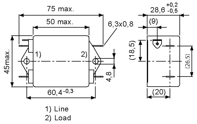 'Schematický diagram elektrické součástky s rozměry. Zobrazuje uspořádání s rozměry: maximálně 75x60 mm, a popisky "1) Vedení" a "2) Zátěž".'
