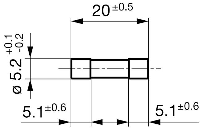 Technický výkres válcové součásti s rozměry. Délka: 20±0,5mm, vnější průměr: 5,2+0,1/-0,2mm, koncové prvky: 5,1±0,6mm.