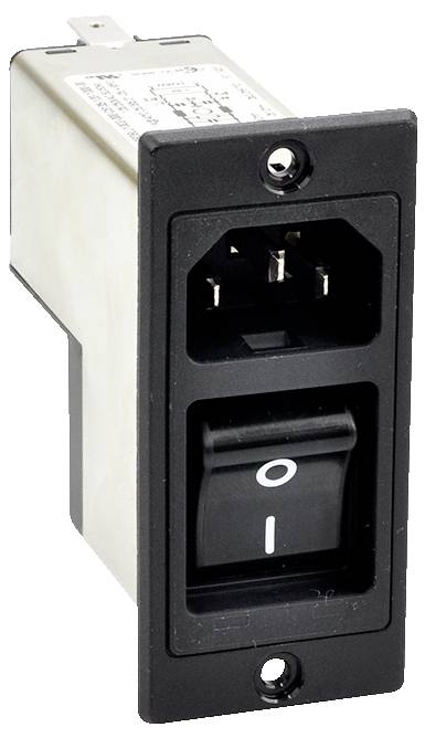Černý obdélníkový přepínač zapnutí/vypnutí umístěný na stříbrné obdélníkové základně, určený pro elektrická zařízení.