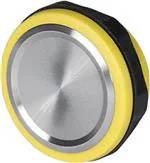 Černá válcová elektronická součástka se dvěma kovovými kolíky na spodní straně.