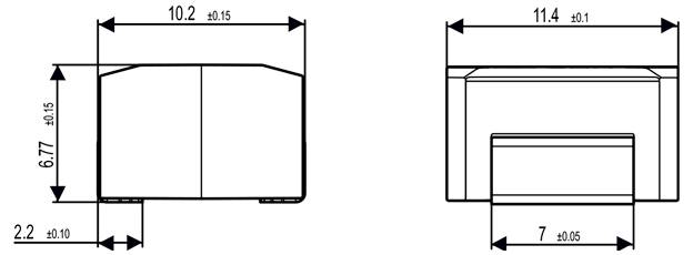Technický diagram součásti s rozměry: 10,2 x 6,77 x 2,2 mm a 11,4 x 7 mm. Tolerance jsou ±0,15 nebo ±0,1 mm.