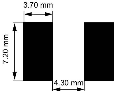 Obrázek zobrazující dva černé obdélníky s rozměry: levý obdélník je 3,70 mm široký a 7,20 mm vysoký; mezera mezi obdélníky je 4,30 mm.