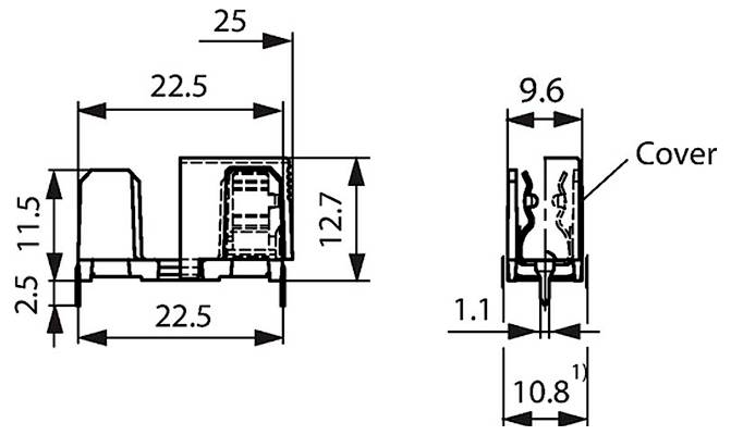 Technický výkres elektronické součástky včetně rozměrů: 25x22,5x12,7 mm na jednom pohledu; 9,6x10,8 mm na bočním pohledu.
