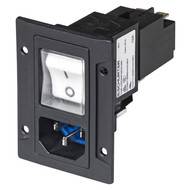 Černý spínač se zapínacím prvkem s bílým přepínačem zapnuto/vypnuto, umístěný v obdélníkovém pouzdru, vhodný pro elektronická zařízení.