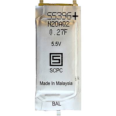 Obrázek ukazuje bílý kondenzátor označený "55396+", "N20A02", "0.27F" a "5.5V". Má logo společnosti "SCP" a text "Vyrobeno v Malajsii".
