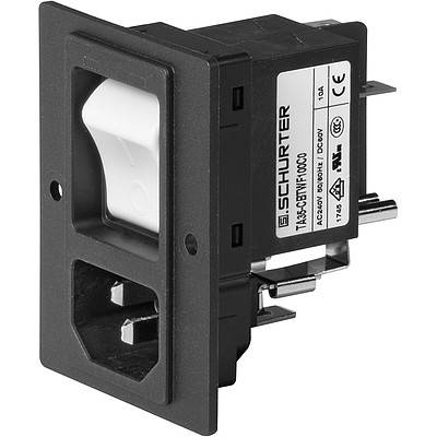 Detailní pohled na modul elektrického přívodního zásuvku se spínačem, zobrazující kontakty zásuvky, spínač zapnuto/vypnuto a výrobce štítků na straně.