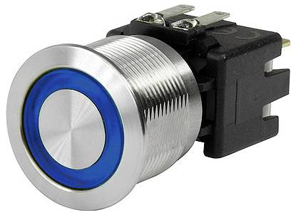 Kulatý kovový tlačítko s modrým LED kroužkem a závitovaným tělesem určené pro montáž do panelu.