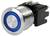 Kulatý kovový tlačítko s modrým LED kroužkem a závitovaným tělesem určené pro montáž do panelu.