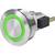 Kovový tlačítko se zeleným LED indikátorem v kruhu. Má kulatý, stříbrný design s elektrickými konektory na zadní straně.