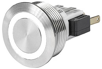 Kovový tlačítko s kruhlovým LED prstencem kolem okraje. Spínač má drážkovaný, válcovitý design.