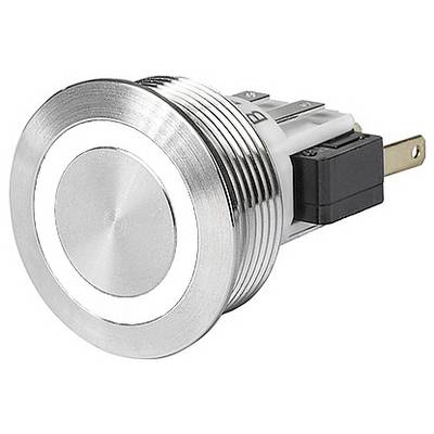 Kovový tlačítko s kruhlovým LED prstencem kolem okraje. Spínač má drážkovaný, válcovitý design.